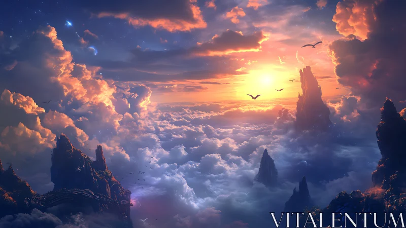 Radiant fantasy sunrise crowns floating peaks above clouds