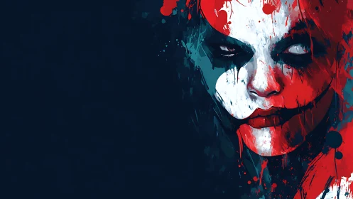 Intense split-color clown face in dark digital painting