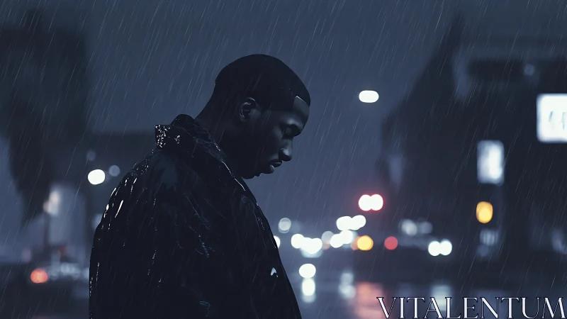 Solitary figure in neon city rain at night street corner.