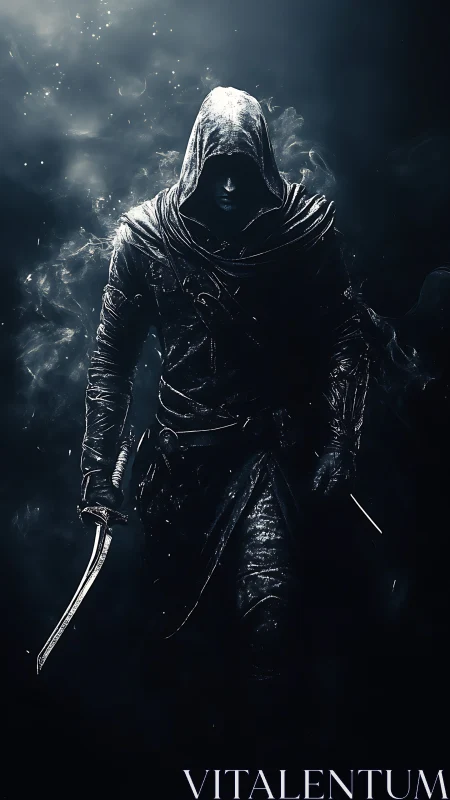 Hooded rogue strides through smoke with dual curved blades.