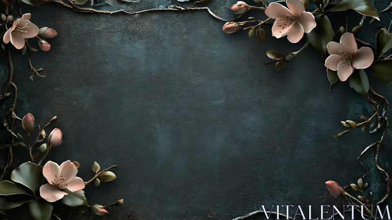 Dark teal floral frame showcases soft blush blossoms elegantly.