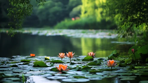 Water lilies on calm pond amid dense green foliage.