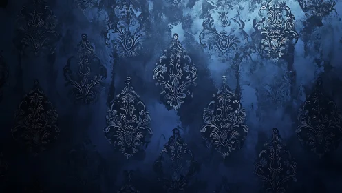 Ornate damask motifs emerge from deep blue textured ground