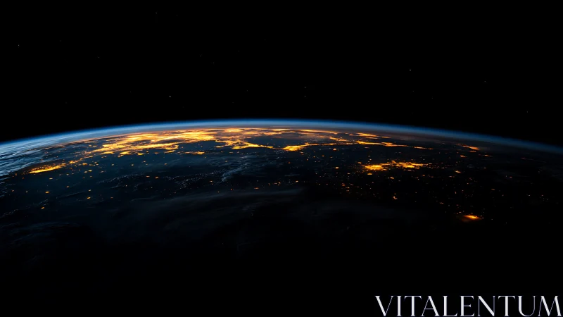 Earth horizon from space with glowing city lights at night.