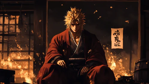 Samurai warrior in burning dojo interior, dramatic warm lighting