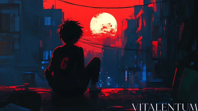 Silhouette watching red urban sunset over neon cityscape.