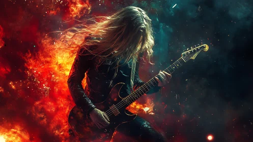 Pyrotechnic metal guitarist amid explosive chromatic nebulae.