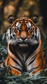 Regal tiger portrait with shallow depth and warm bokeh glow.