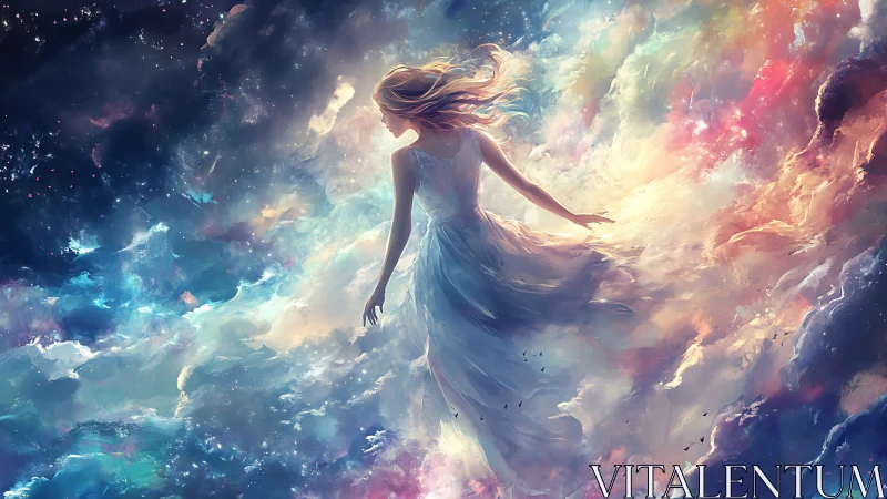 Starlit dreamer drifts through luminous cosmic clouds