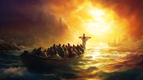 Stormlit disciples drift toward a blazing horizon of faith