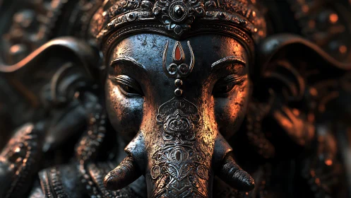 Detailed metallic elephant-headed deity sculpture close-up.
