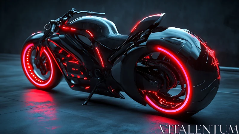 Futuristic black cyberbike with red neon rim lighting detail