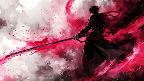 Dynamic anime swordsman in red kinetic brushstorm composition.