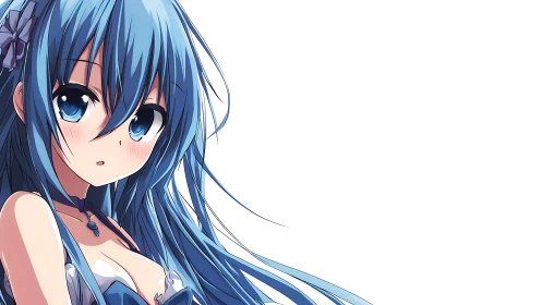 Blue haired anime character is rendered against white background