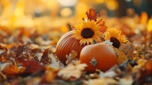 Pumpkins and sunflowers rest among fallen autumn leaves