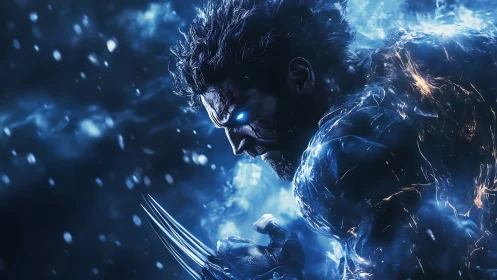 Cybernetic warrior charging through blue plasma storm field