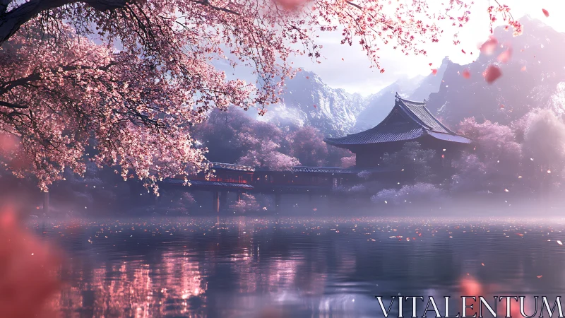 Cherry blossoms over lake with traditional temple and mountains.