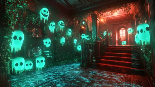 Glowing teal ghosts drift through crimson-lit haunted hall.