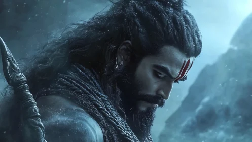 Storm-eyed mountain warrior broods in icy celestial haze.