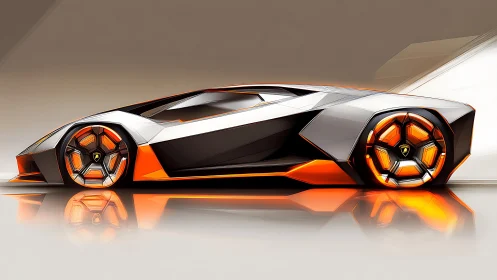 Futuristic low-slung supercar concept with neon orange trim.