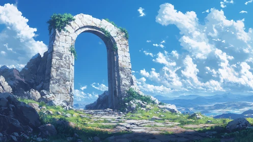 Sunlit stone archway opens onto a calm, endless horizon