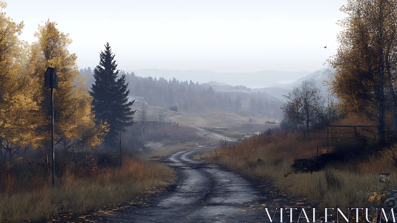 Misty rural road winding through quiet autumn valley.