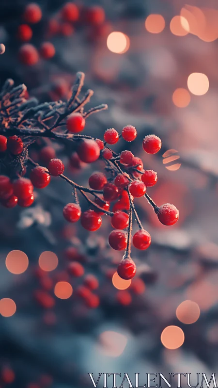 Frosted red berries hang on winter branches in soft focus
