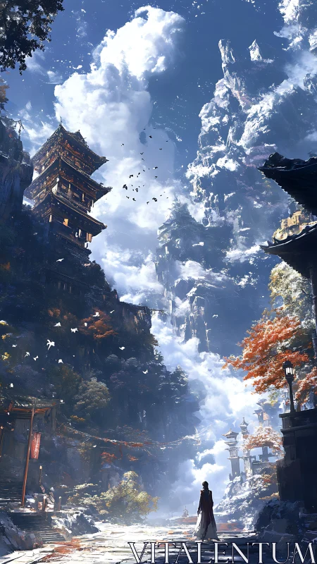 Solitary figure in vast mountain temple canyon landscape.