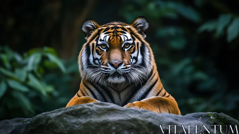 Calm jungle tiger resting quietly behind mossy stones.