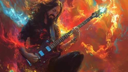 Electric guitarist surrounded by abstract fiery color fields.