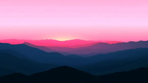 Layered violet mountains under luminous pink sunrise.