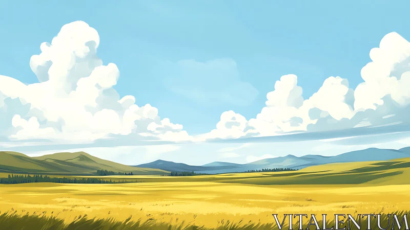 Golden fields under drifting clouds and distant blue hills.