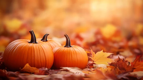Cozy trio of pumpkins resting in a golden carpet of leaves.