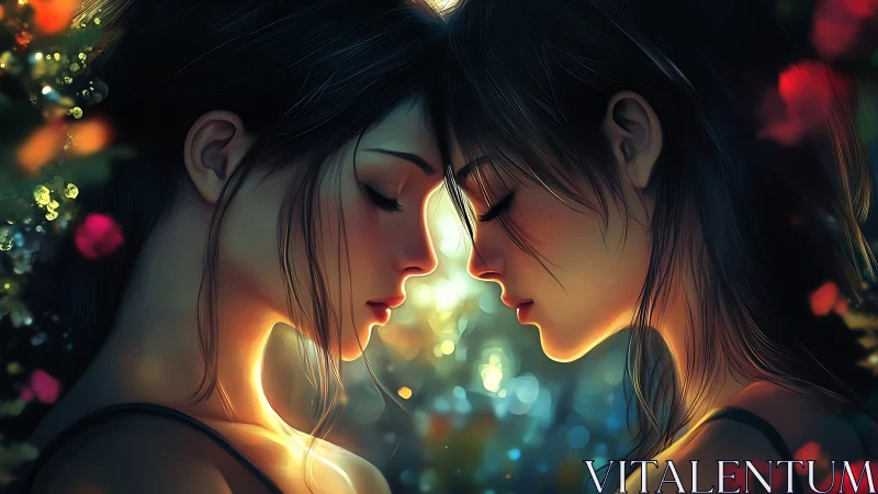 Two figures share intimate moment with luminous magical energy between them.