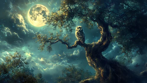 White owl perched on gnarled tree under bright full moon.