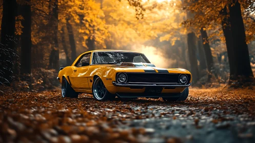 Yellow classic muscle car parked on forest road in autumn