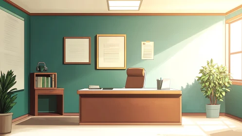 Sunlit executive office interior with minimalist décor.