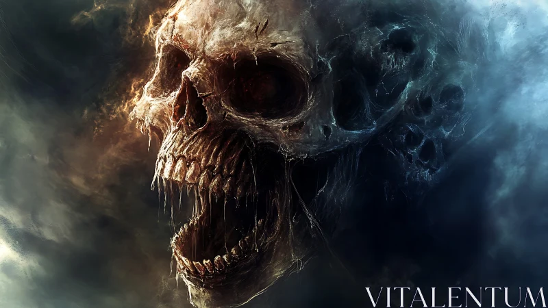 Decayed skull form emerging within dark atmospheric mist.