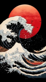 Crashing wave silhouettes boats beneath burning red moon.