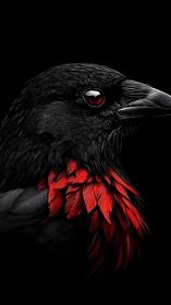Midnight raven with glowing red eye and fiery feathers.