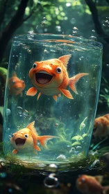 Joyful goldfish swirl inside a glass pond of forest light