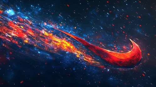 Digital painting of fiery swoosh emblem in cosmic motion field.