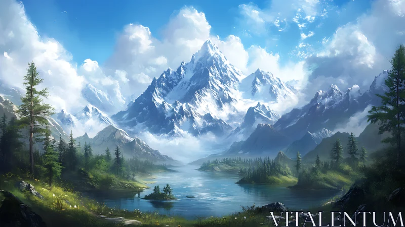 Snowcapped alpine peaks rise over reflective mountain lake.