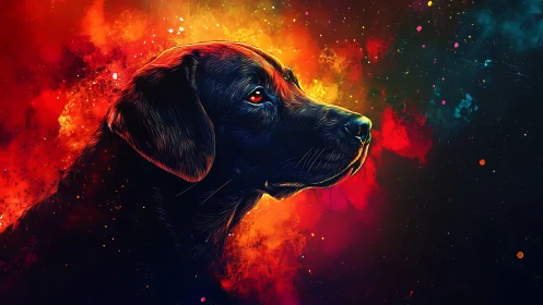 Chromatic nebula canine rendered in high-saturation vectors.