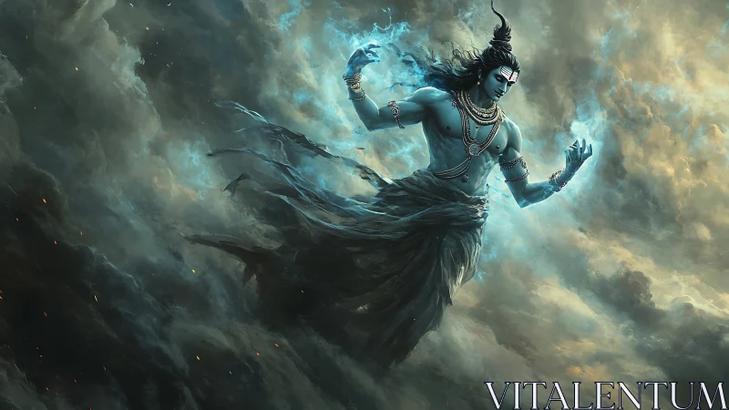Blue-skinned deity figure rendered within storm clouds.