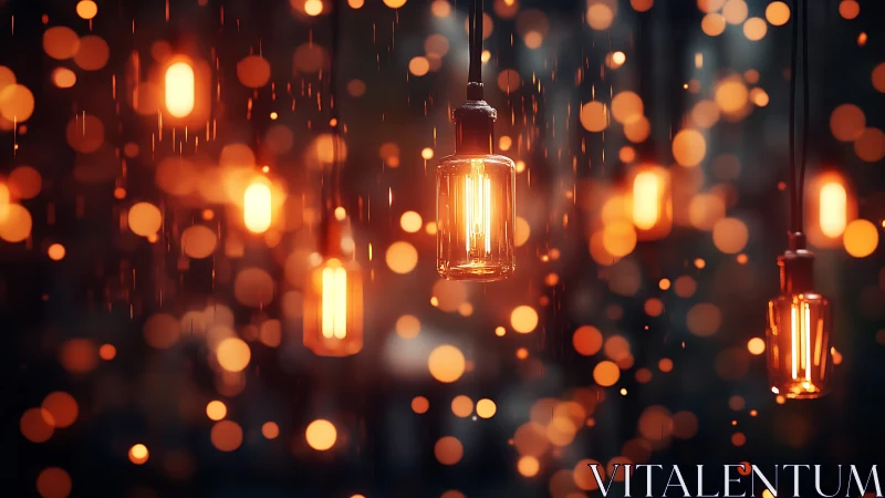 Hanging filament bulbs glowing through warm bokeh rain.