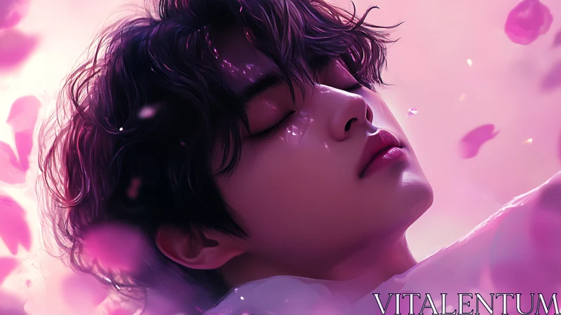 Serene male portrait in pink petal glow digital painting.
