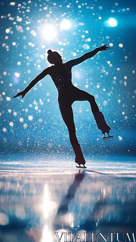 Figure skater silhouette glides under sparkling arena lights.
