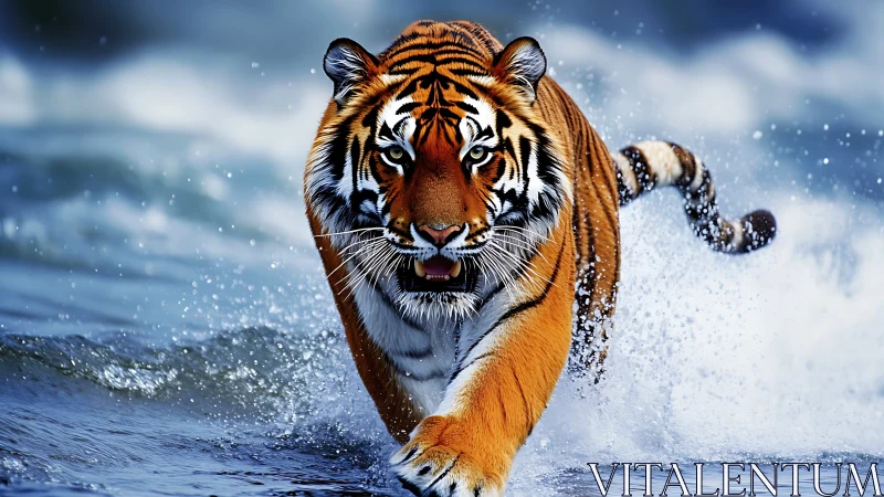Tiger charges through ocean surf under dramatic blue light.