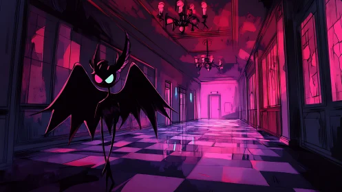 Shadow demon patrols neon-lit haunted hallway at night.